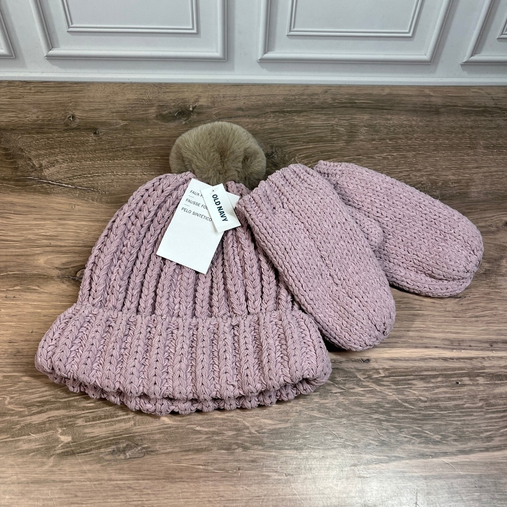 Old Navy Beanie Mitten Set Kids Large Mauve Pink Faux Fur Pom Cable Knit 476443